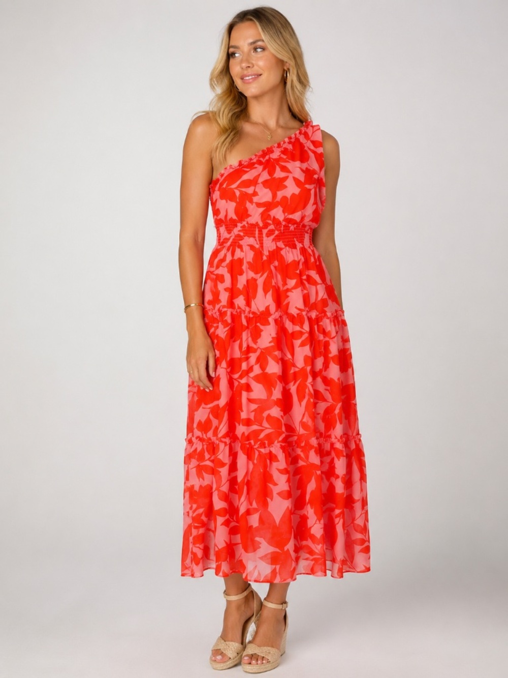 Taylor Coral Pink Floral One-Shoulder Tiered Maxi Dress Size 10